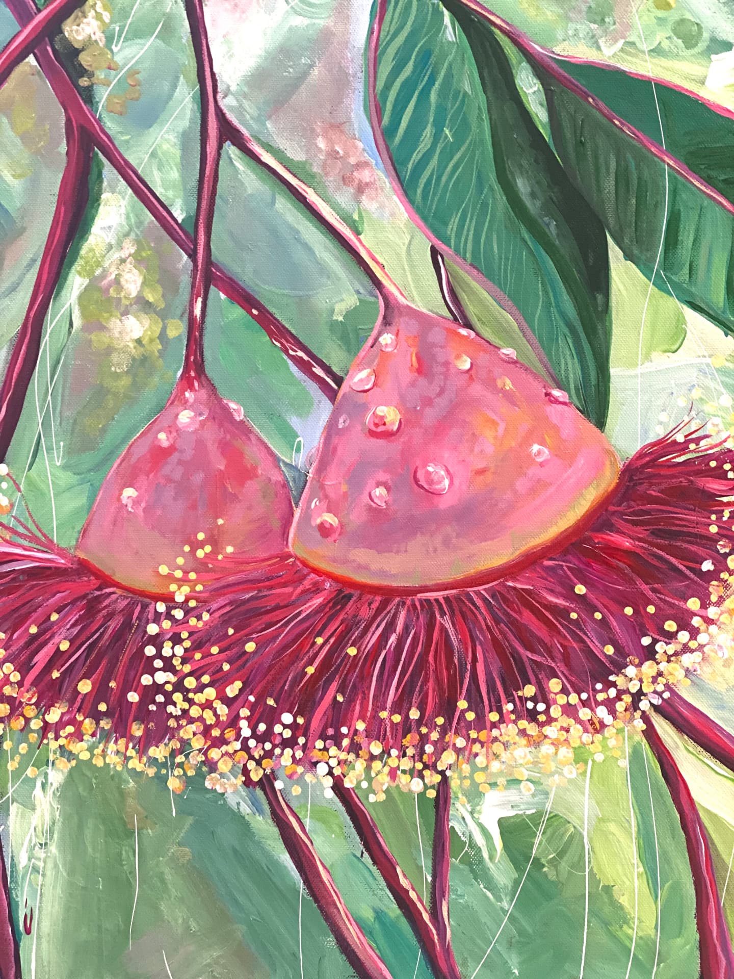 Close-up painting of pink flowering gum blossoms and green leaves