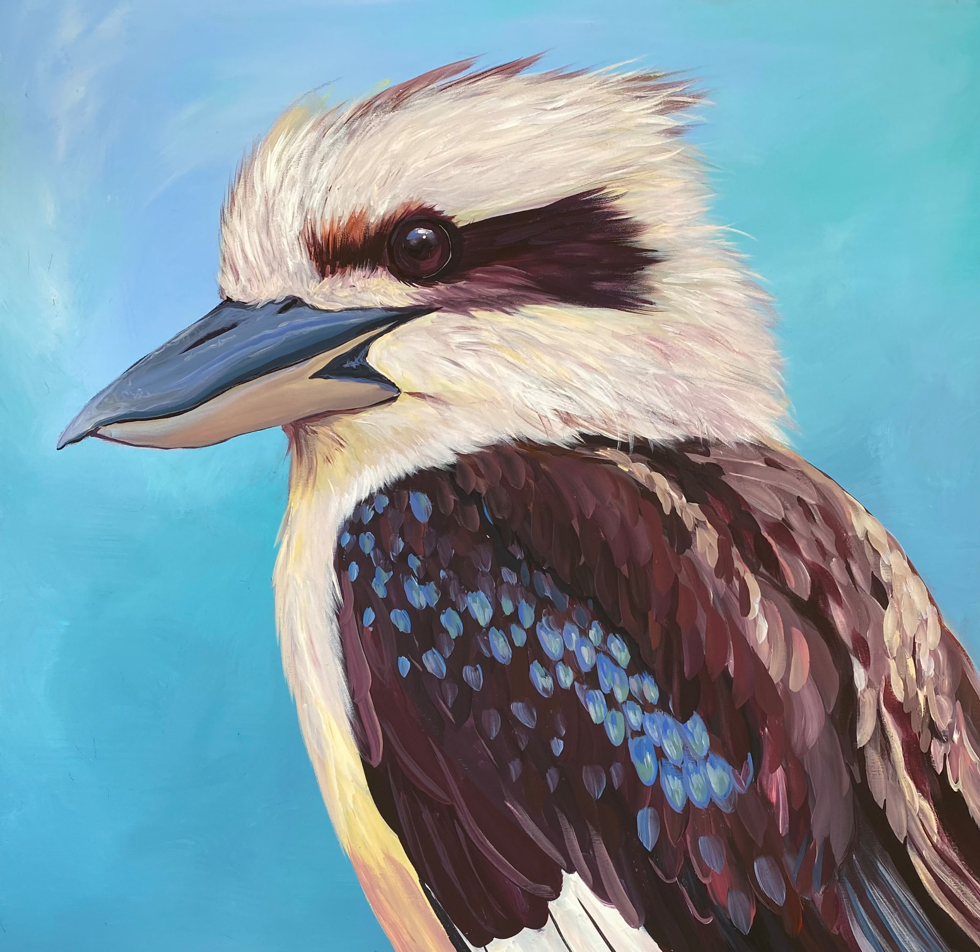Detailed painting of a kookaburra against a turquoise sky