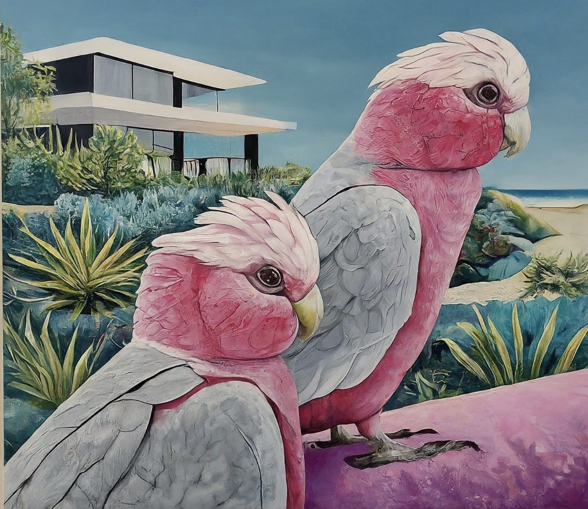 Two galahs painted in front of a coastal home and garden